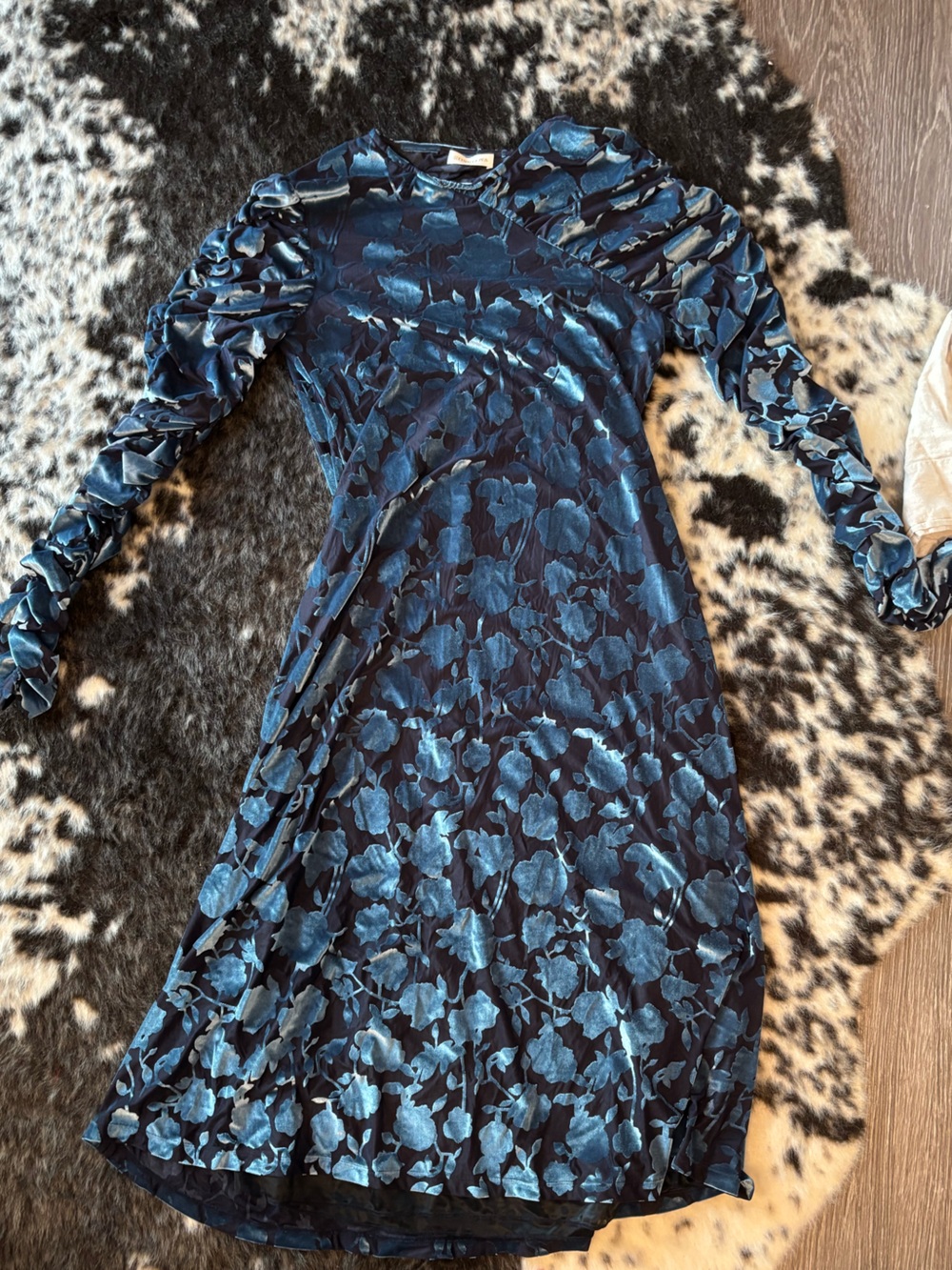 Women’s designer dress modest couture vibes velvet floral with one mesh sleeve